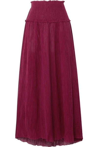 Shop Zimmermann Suraya Shirred Crinkled Ramie And Cotton-blend Midi Skirt In Burgundy