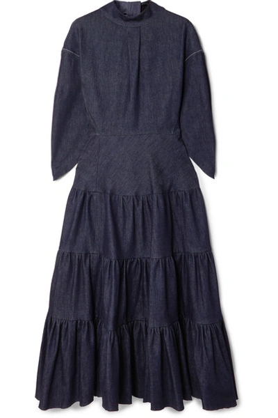 Shop Chloé Tiered Denim Midi Dress In Dark Denim