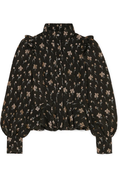 Shop Anna Mason Laila Ruffled Floral-jacquard Blouse In Black