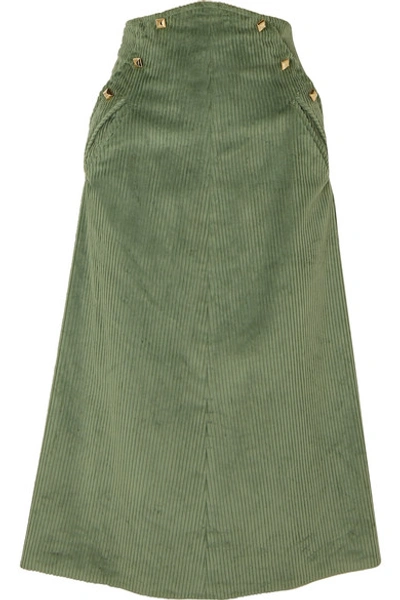 Shop Anna Mason Ruth Studded Cotton-corduroy Midi Skirt In Green