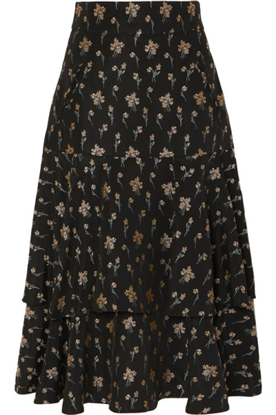 Shop Anna Mason Carmen Ruffled Floral-jacquard Skirt In Black