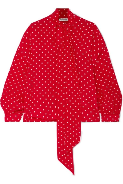 Shop Balenciaga Pussy-bow Polka-dot Silk Crepe De Chine Blouse In Red