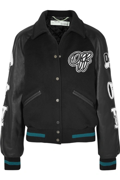 Shop Off-white Appliquéd Wool-blend And Leather Jacket In Black