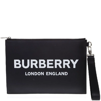 Shop Burberry Logo Zipped Clutch Bag In Black