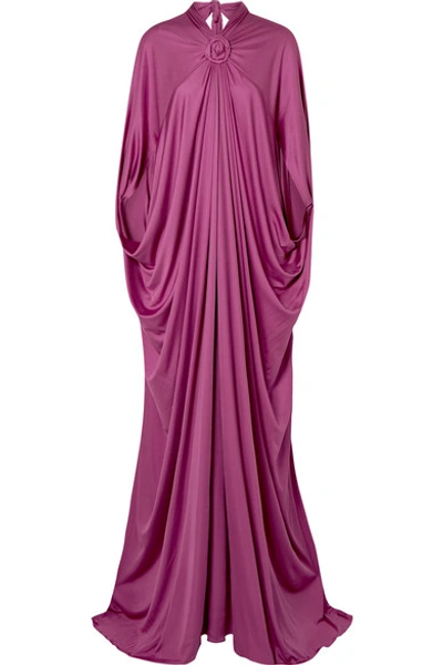 Shop Reem Acra Draped Silk-jersey Gown In Plum