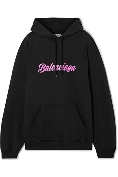 Shop Balenciaga Printed Cotton-jersey Hoodie In Black