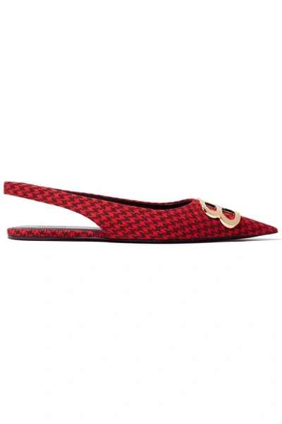 Shop Balenciaga Knife Logo-embellished Houndstooth Wool Point-toe Flats In Red
