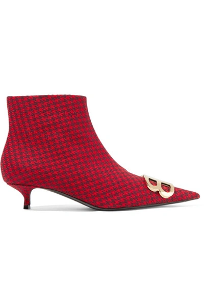 Shop Balenciaga Knife Logo-embellished Houndstooth Wool Ankle Boots In Red