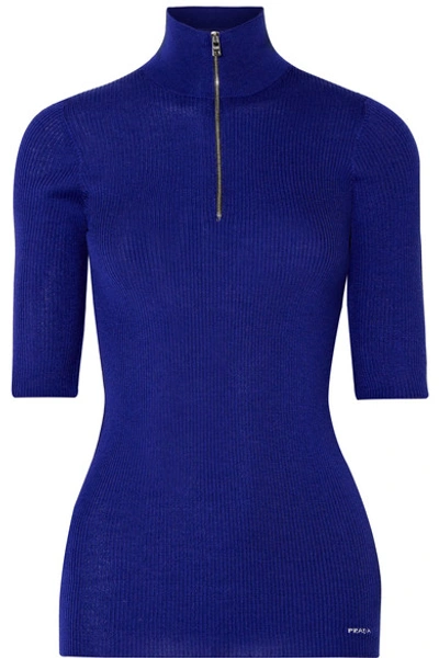 Shop Prada Ribbed Wool-blend Sweater In Royal Blue