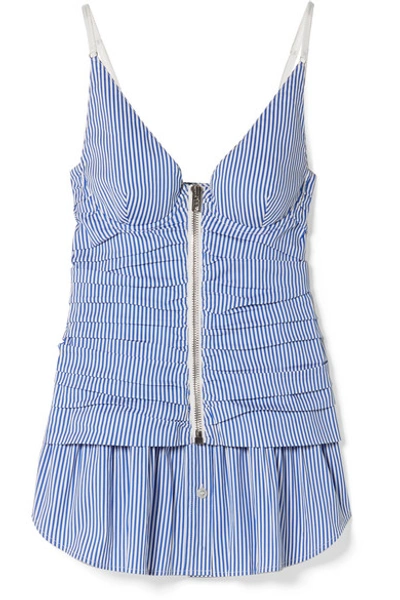 Shop Alexander Wang Ruched Striped Cotton-blend Peplum Camisole In Light Blue