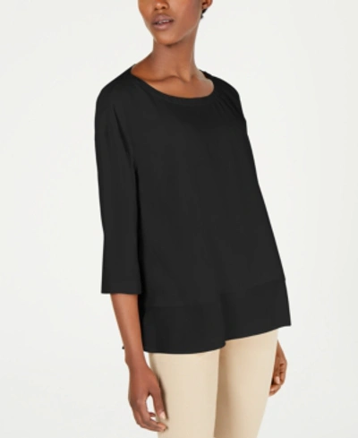 Shop Eileen Fisher Silk Chiffon-hem 3/4-sleeve Top In Black