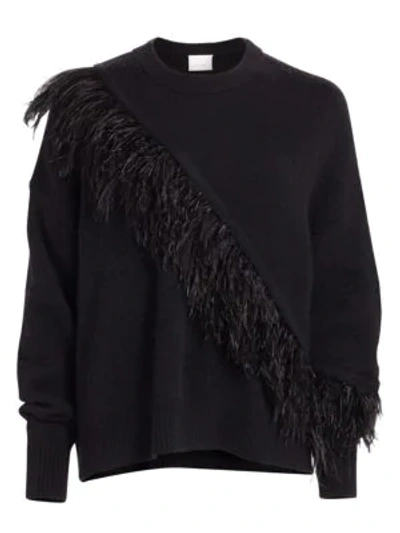 Shop Cinq À Sept Merritt Feather-trim Crewneck Sweater In Black