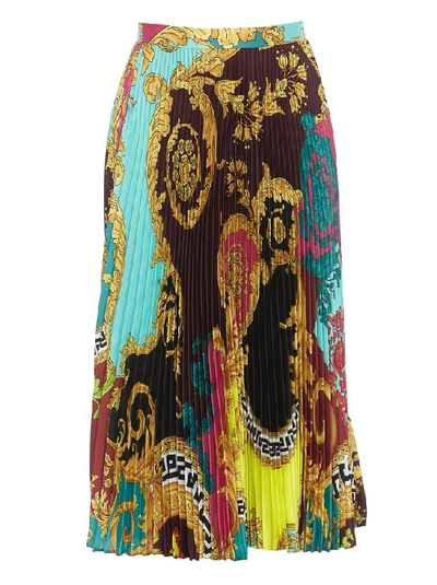 Shop Versace Baroque Print Pleated Midi Skirt In Multi