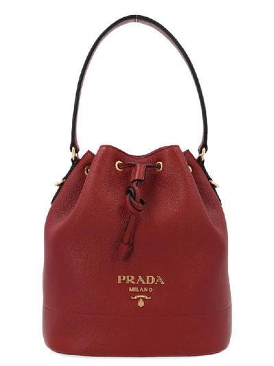 Shop Prada Logo Bucket Bag In Red