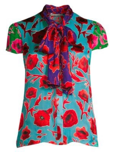 Shop Alice And Olivia Jeannie Bow Collar Print Blouse In Poppy Garden Blue Bird