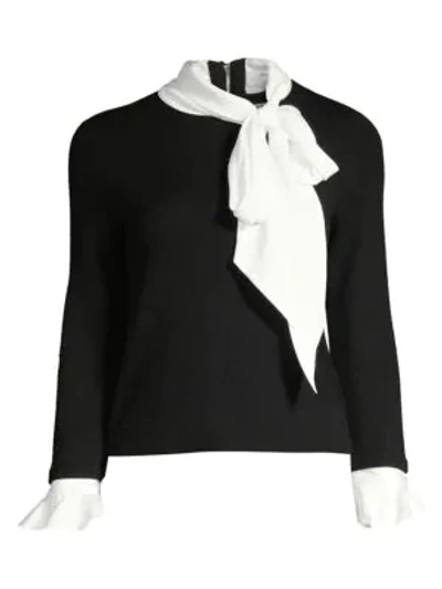 Shop Alice And Olivia Justina Tieneck Wool & Stretch Silk Combo Sweater In Black Off White