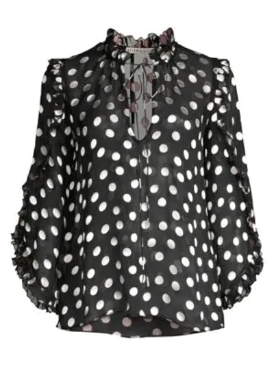 Shop Alice And Olivia Julius Polka Dot Silk-blend Ruffle-sleeve Blouse In Polka Dot Black Soft White