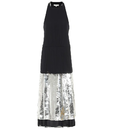 Tibi Pleated Sequin-embellished Poplin And Silk-georgette Midi Dress In Black