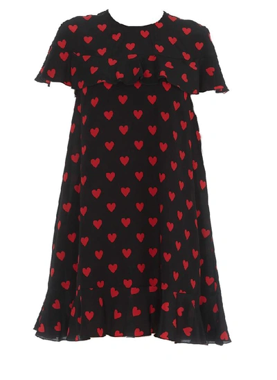 Shop Red Valentino Hearts Ruffled Shift Dress In Black