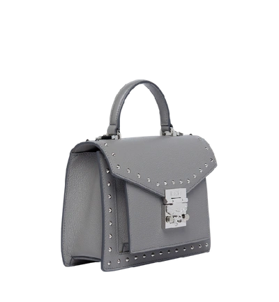 Shop Mcm Patricia Satchel In Studded Outline Leather In Arch Grey