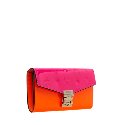 Shop Mcm Patricia Crossbody Wallet In Monogram Patent Leather In Neon Pink
