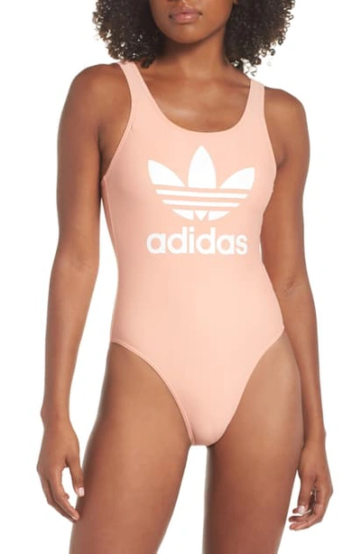 Shop Adidas Originals Tricot One-piece Swimsuit In Dust Pink