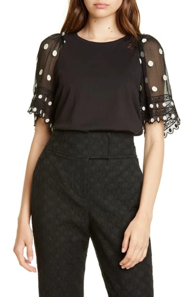 Shop Rebecca Taylor Dot Embroidered Sleeve Knit Top In Black