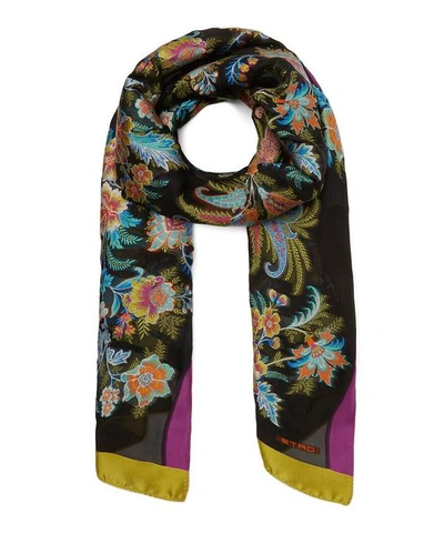 Shop Etro Floral Jacquard Silk-blend Scarf In Black