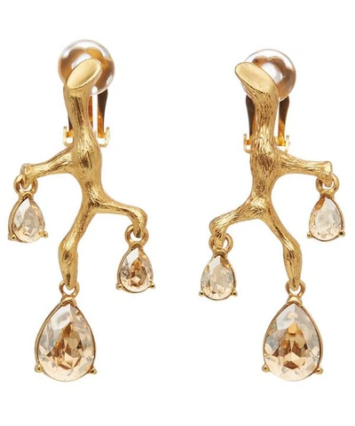 Shop Oscar De La Renta Runway Branch Crystal Clip-on Earrings In Gold