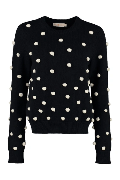 Shop Tory Burch Tricot Sweater With Pom-poms In Blue