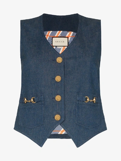 Shop Gucci V-neck Horesbit Denim Waistcoat In Blue
