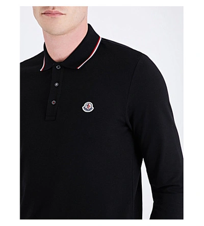 Shop Moncler Stripe-trim Cotton-piqué Polo Shirt In Black