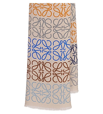 Shop Loewe Anagram In Lines Cashmere Wool And Silk-blend Scarf In Beige/strawberry