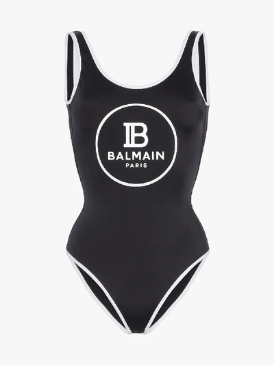 Shop Balmain Logo Print Swimsuit In Black