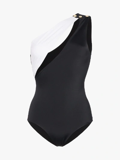 Shop Balmain One Shoulder Colour Block Swimsuit In Black