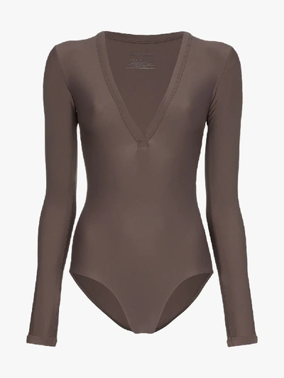 Shop Matteau Maillot Long Sleeve Swimsuit In Brown