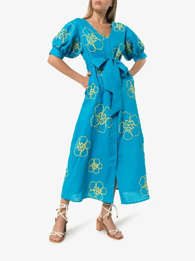 Shop All Things Mochi Kaleo Floral Embroidered Midi Dress In Blue