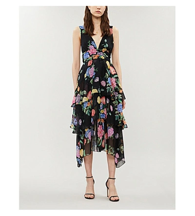 Topshop Freida Tiered Floral-print Crepe Midi Dress In Black | ModeSens