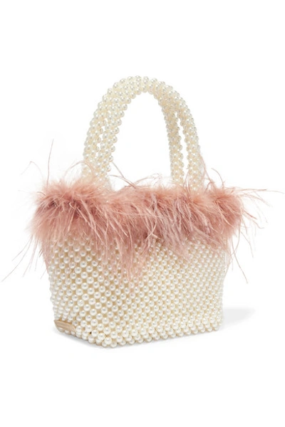 Shop Loeffler Randall Mina Small Feather-trimmed Faux Pearl Tote In White
