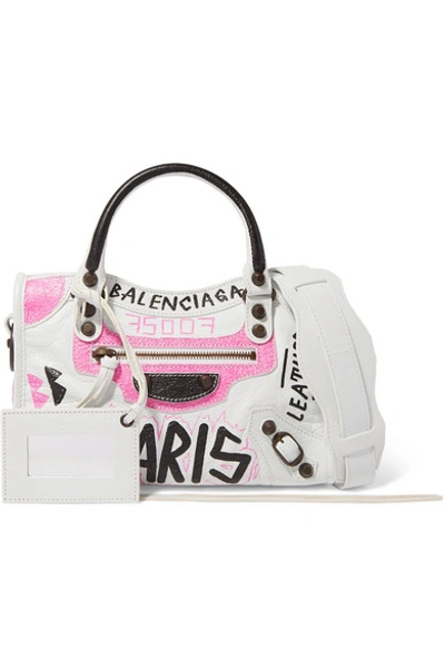 Shop Balenciaga Classic City Mini Printed Textured-leather Tote In White