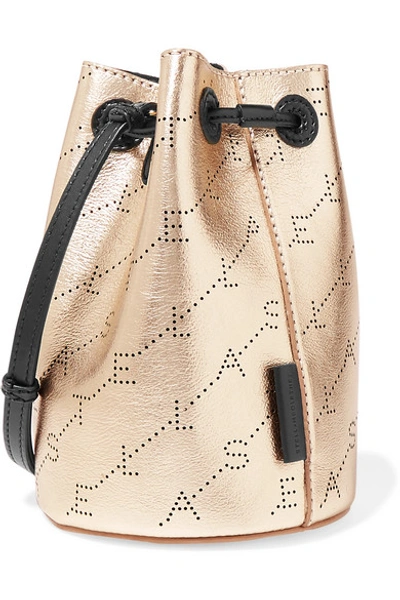 Shop Stella Mccartney + Net Sustain Mini Perforated Metallic Faux Leather Bucket Bag In Gold