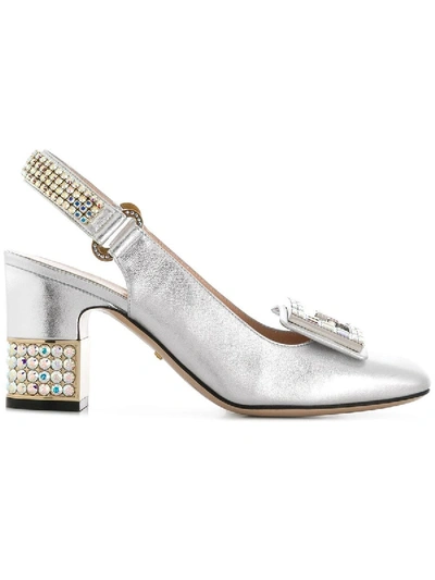 Shop Gucci Leather Mid-heel Slingback Pump With Crystal G In Silver