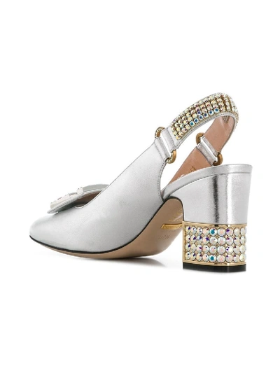 Shop Gucci Leather Mid-heel Slingback Pump With Crystal G In Silver