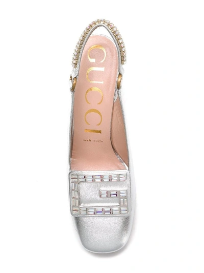 Shop Gucci Leather Mid-heel Slingback Pump With Crystal G In Silver