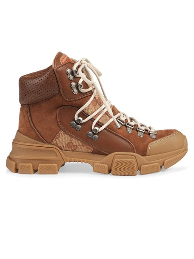 Shop Gucci Leather And Original Gg Flashtrek Boots In Brown