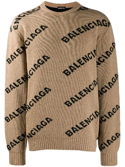 Shop Balenciaga Jacquard Logo Crewneck Sweater In Neutral