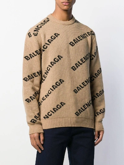 Shop Balenciaga Jacquard Logo Crewneck Sweater In Neutral
