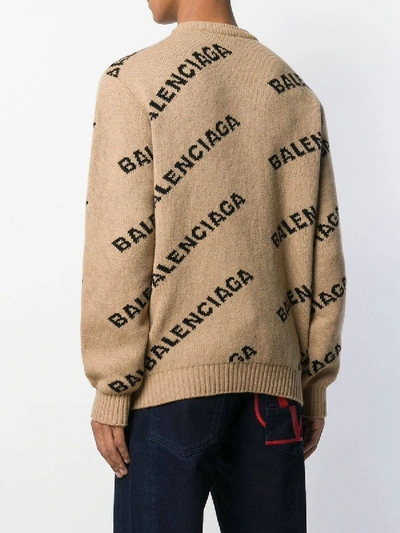 Shop Balenciaga Jacquard Logo Crewneck Sweater In Neutral