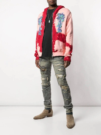 Shop Amiri Watercolor Dragon Zip Up Hoodie Red/pink