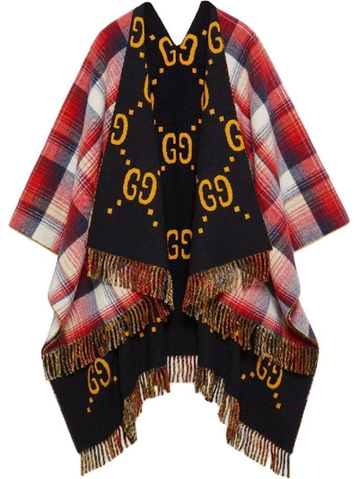 Shop Gucci Reversible Gg Wool Poncho In Red/gray/yellow